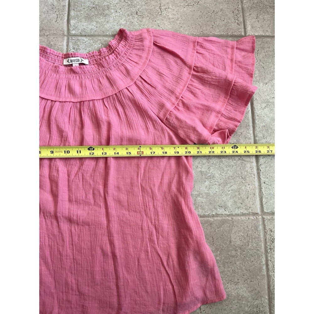 Nanette Lepore Sz. Large Pink Ruffle Sleeve Smocked Neckline Blouse Flowy BOHO - Picture 4 of 6